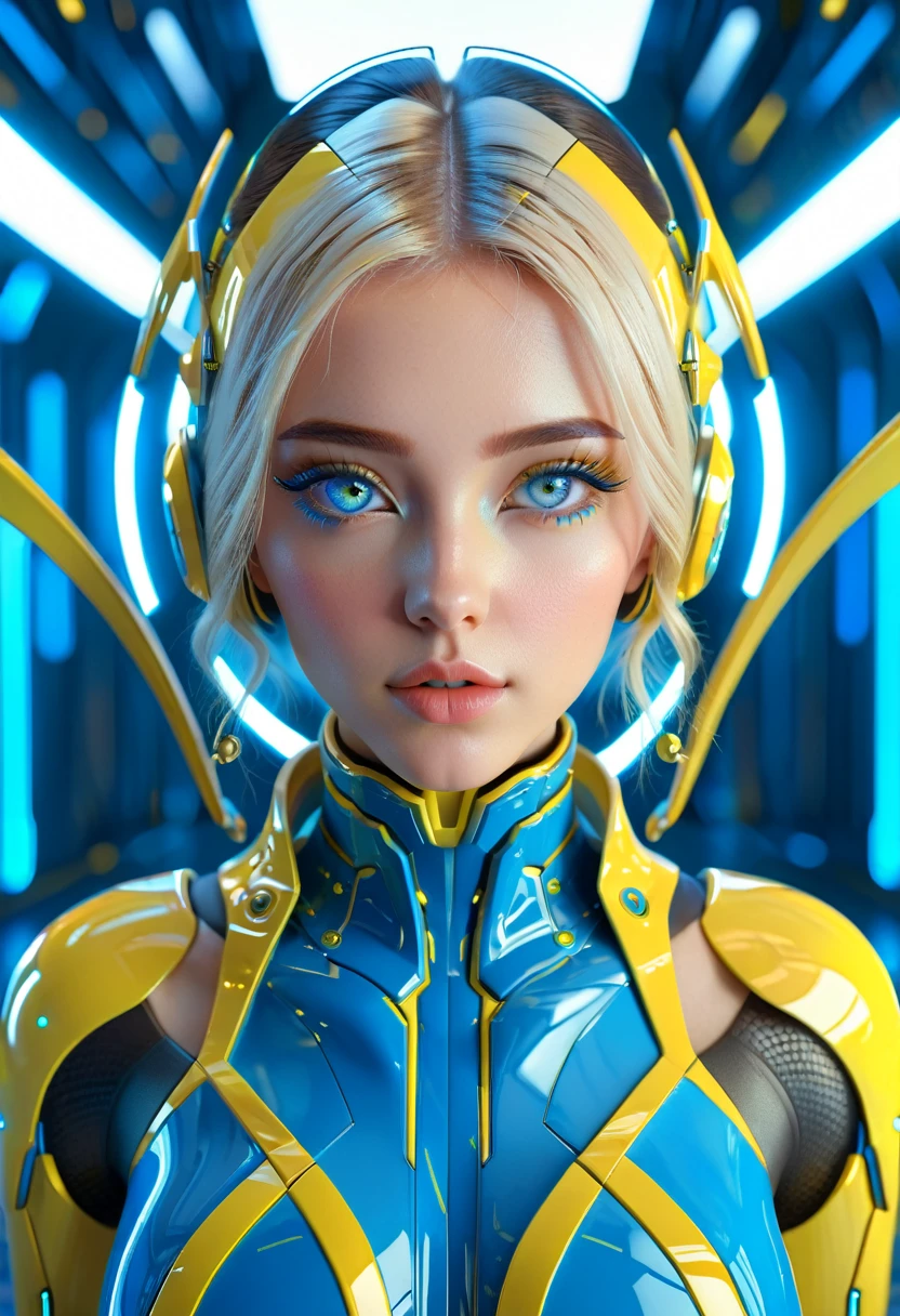 Beautiful neofuturistic woman, Same Ol’ Mistakes, symmetrical portrait, cute eyes, full-body symmetrical portrait, artstation, character concept art, cgsociety, 3drender, highly detailed 8k, octane render, cinematic scene, bright blue and yellow, sci