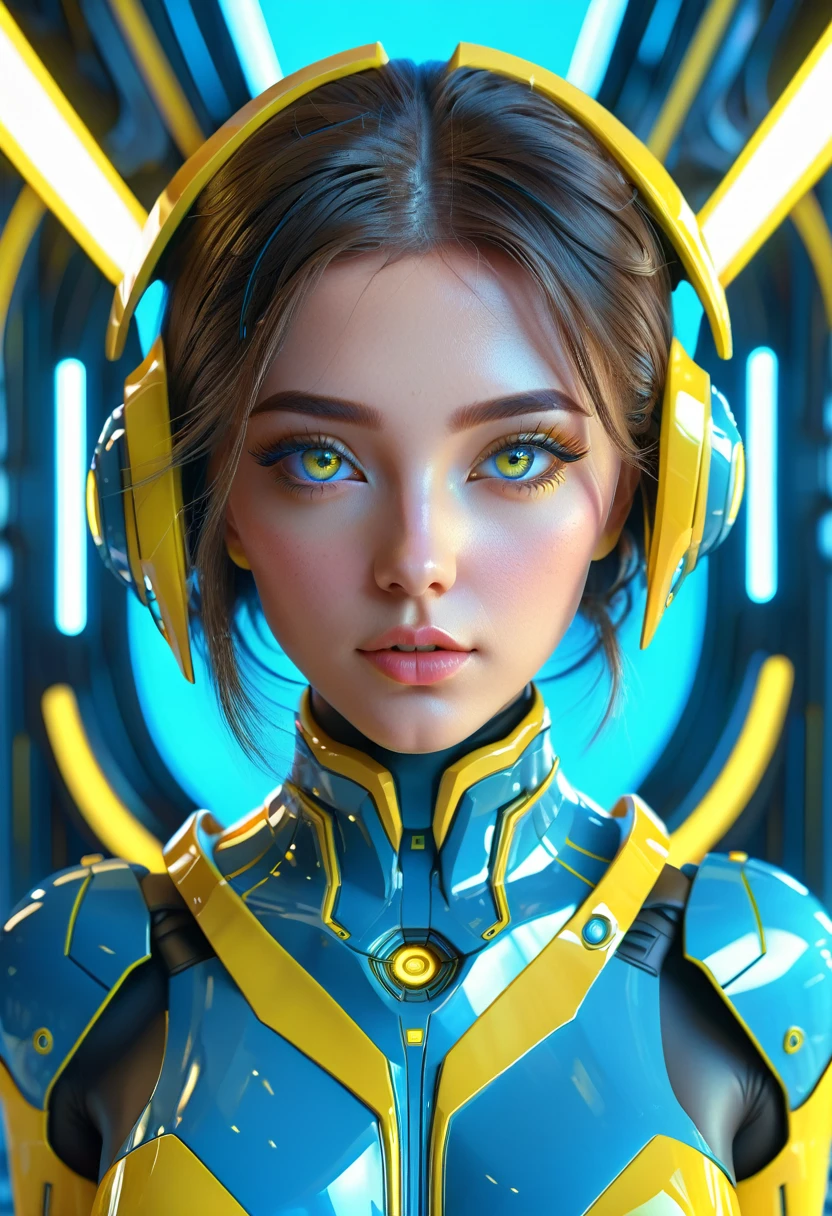 Beautiful neofuturistic woman, Same Ol’ Mistakes, symmetrical portrait, cute eyes, full-body symmetrical portrait, artstation, character concept art, cgsociety, 3drender, highly detailed 8k, octane render, cinematic scene, bright blue and yellow, sci