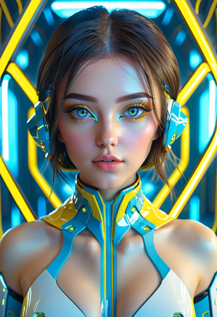 Beautiful neofuturistic woman, Same Ol’ Mistakes, symmetrical portrait, cute eyes, full-body symmetrical portrait, artstation, character concept art, cgsociety, 3drender, highly detailed 8k, octane render, cinematic scene, bright blue and yellow, sci