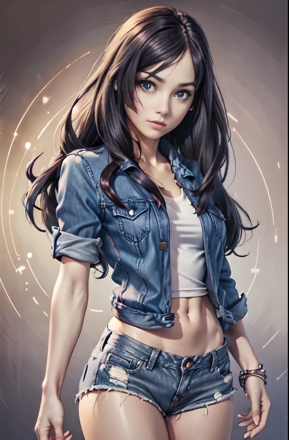 8k, (stand:1.3), slim and fit young girl, perfect medium breast, slim waist, long dark purple straight hair, a lock of hair hides the right eye, burn scar, burn mark on right side of face and body, very tight sexy denim outfit, short shorts, short jacket, cropped t-shirt, holds his hands behind his back, carefully drawn hands, simple white background, mfbp1, NSFW
