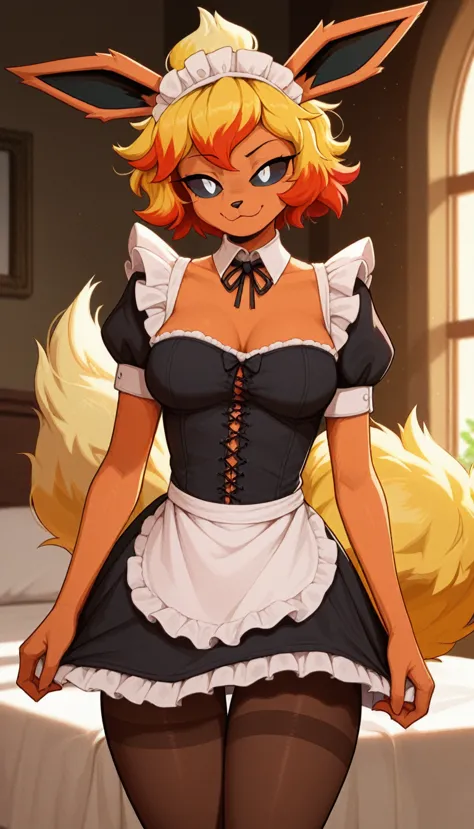 excited expression, 1girl, anthro, furry, fur, fluffy fur, flareon girl, yellow hair (red highlights), black sclera, white eyes,...