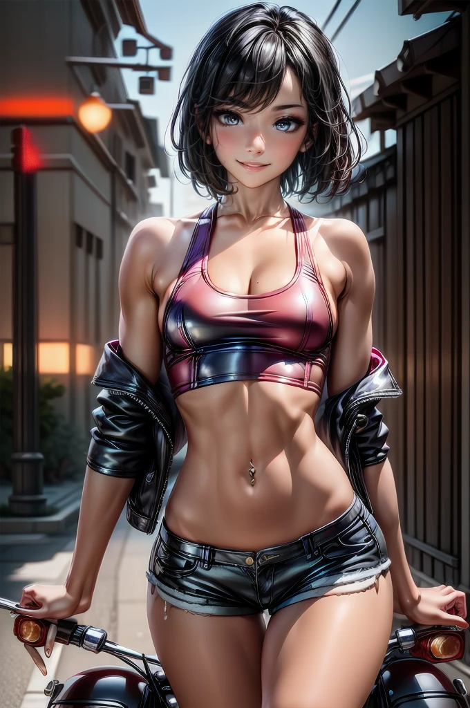 (cowboy shot), (Perfect Anatomy, top-quality, The ultra -The high-definition, high resolution, extremely detailed CG, 8K Unit Wallpapers), 2 lady, solo, beautiful detailed eyes, black hair, short bob hair, blunt bang, (small breasts, statuesque slender body, athletic), gleaming skin, oily skin, (punk fashion, leather jacket, Tank top, micro shorts), (drive a motorcycle,Harley-Davidson), on road, Tokyo, at night