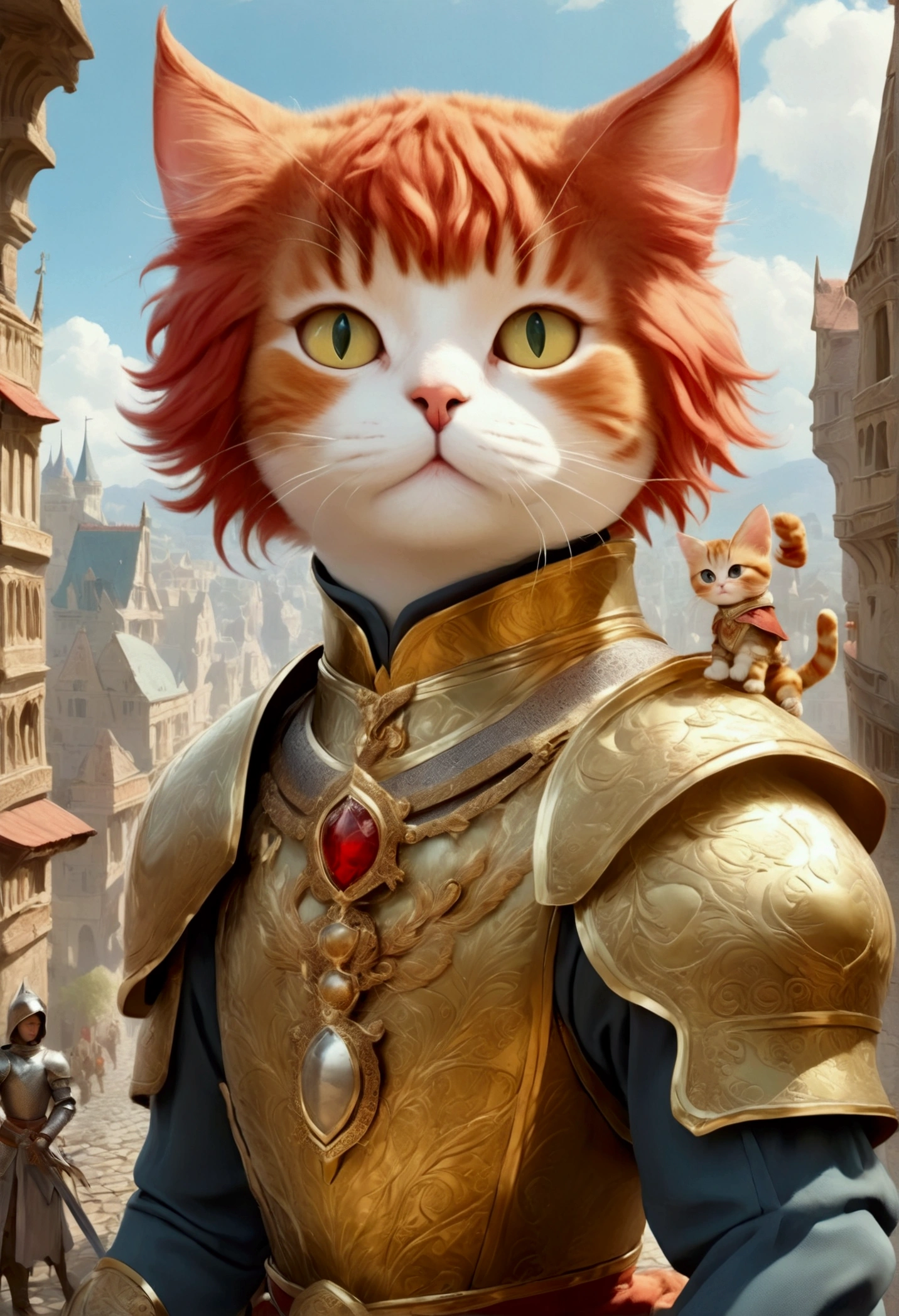 arafed a picture of a human knight riding an (Giant cat 1.3)) וin fantasy street, a a human knight, full body, ((anatomically correct: 1.5), female knight, red hair, long hair, hair in a pony tail, wearing knight's armor, decorated armor, high heeled boots, BREAK riding a (Giant Cat: 1.5)), the cat is wearing armor ready for battle, dynamic color cat Hyperrealism style, vibrant, Ultra-high resolution, High Contrast, (masterpiece:1.5), highest quality, Best aesthetics), best details, best quality, highres, ultra wide angle, 16k, [ultra detailed], masterpiece, best quality, (extremely detailed) RAW, ArmoredDress, ccxl-mucha