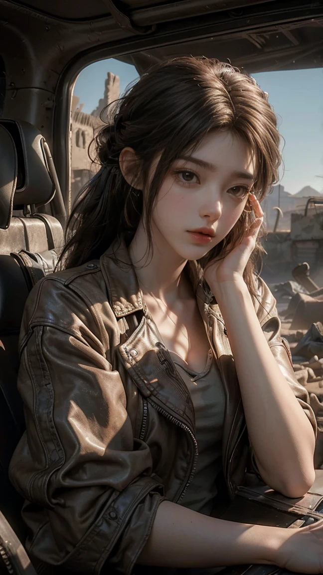 ((masterpiece, highest quality, Highest image quality, High resolution, photorealistic, Raw photo, 8K)), ((Extremely detailed CG unified 8k wallpaper)), Post-Apocalyptic Wasteland, The world of Mad Max, she wears a leather jacket over his bare skin and holds a shotgun, adderskin eye patch, Collapsed buildings are being swallowed by the desert, Ruins hazed with dust and sand, 