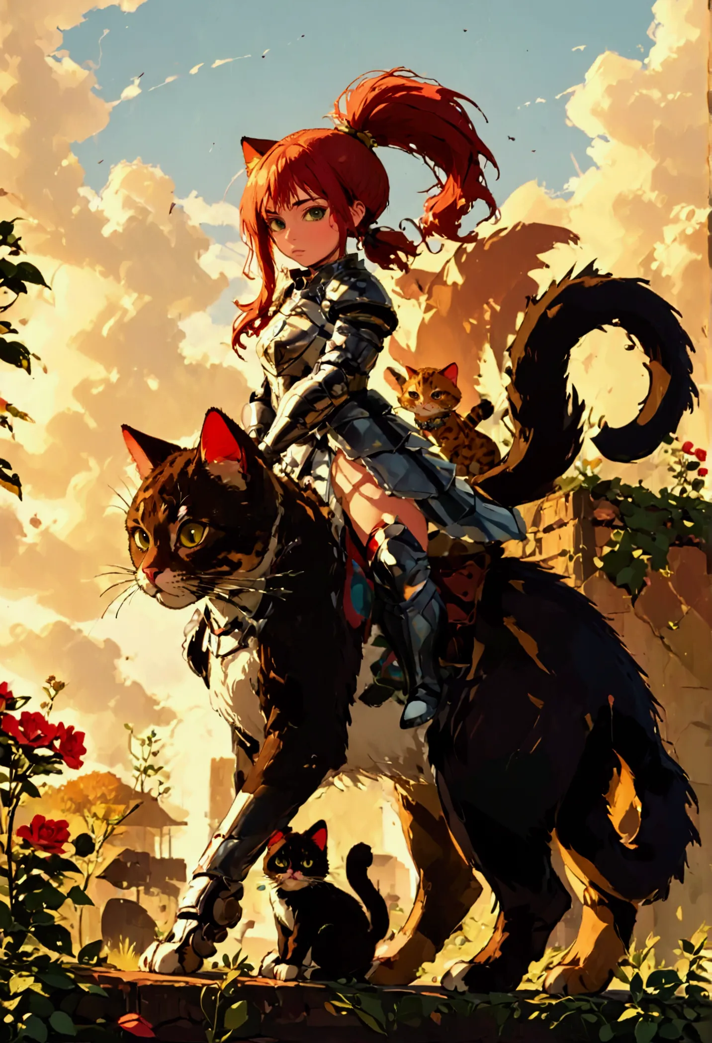 arafed a picture of a human knight riding an (giant cat 1.3)) וin fantasy street, a a human knight, full body, ((anatomically co...