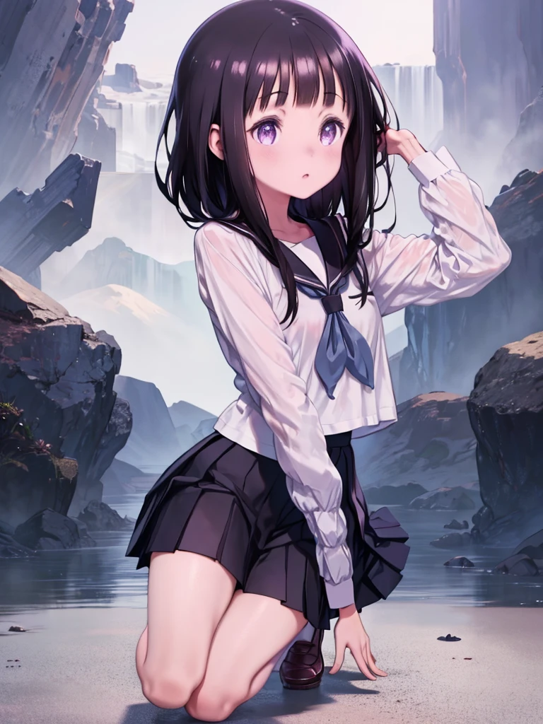 1人の女の子, chitanda eru, 長い髪, 黒髪, , 紫色の目, 白のシャツ, 白い靴下, プリーツスカート, 前髪, 黒のセーラーカラー, ネッカチーフ, 黒いスカート, 長袖