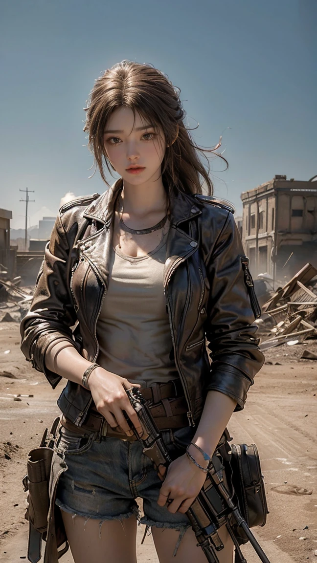 ((masterpiece, highest quality, Highest image quality, High resolution, photorealistic, Raw photo, 8K)), ((Extremely detailed CG unified 8k wallpaper)), Post-Apocalyptic Wasteland, The world of Mad Max, she wears a leather jacket over his bare skin and holds a shotgun, adderskin eye patch, Collapsed buildings are being swallowed by the desert, Ruins hazed with dust and sand, 