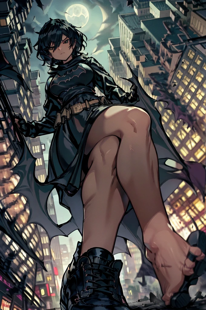 Short bkack hair,cropped hoodie,,black thighighs,skirt,goth,Menacing,Rampage GtsGiga,Gtscity,Cityscape Gotham city,draw strings,hood up,black trainers,Shoes,medium bosom,mature woman,athletic,the god damn bat woman,nighttime 