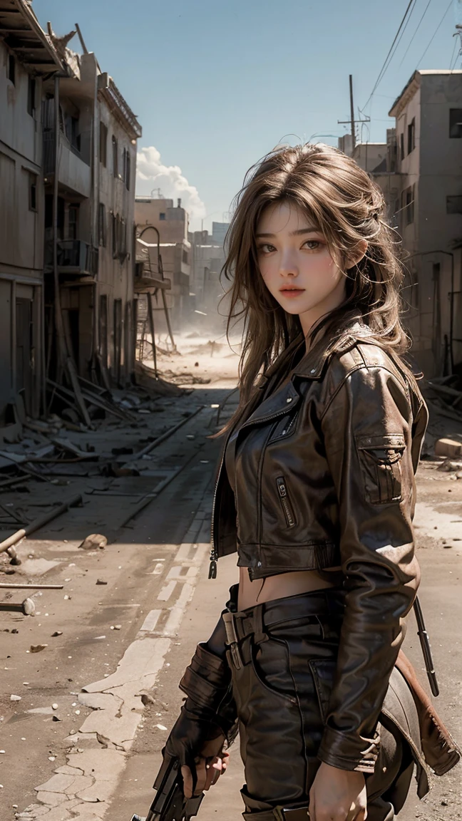 ((masterpiece, highest quality, Highest image quality, High resolution, photorealistic, Raw photo, 8K)), ((Extremely detailed CG unified 8k wallpaper)), Post-Apocalyptic Wasteland, The world of Mad Max, she wears a leather jacket over his bare skin and holds a shotgun, ((adderskin eye patch)), Collapsed buildings are being swallowed by the desert, Ruins hazed with dust and sand, 