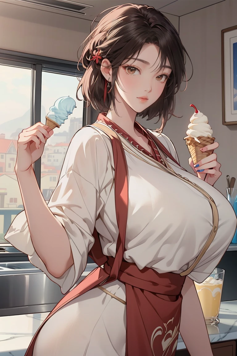 ((Masterpiece, top quality, high resolution)), ((highly detailed CG unified 8K wallpaper)), (huge stunning goddess shot, so hot and sexy, jaw dropping beauty, perfect proportions, beautiful body, slim body beauty:1.3), Food stall, kitchen car, two female clerks wearing black aprons selling ice cream, short hair, smiling, customers waiting in line, (handing ice cream to viewer:1.3), view from behind,