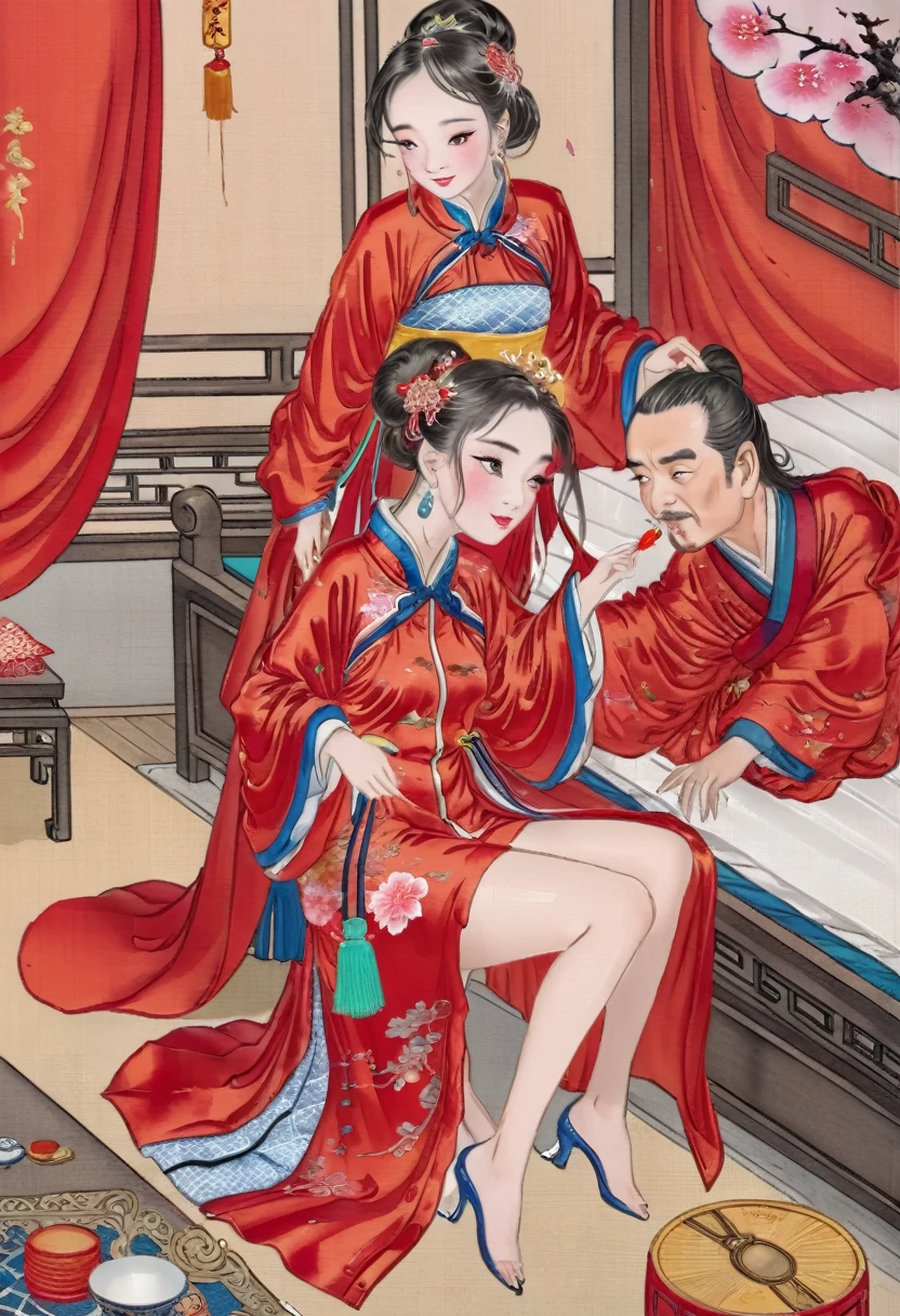 Hochglänzende Stickerei、Prinzessin im Cheongsam mit zerknittertem roten langärmeligen Regenmantel、Sex mit dem Kaiser haben und sich dabei auf dem Bett winden