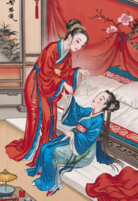 Highly shiny embroidery、Princess in a cheongsam with a crumpled red long-sleeved raincoat、Having sex with the emperor while writ...