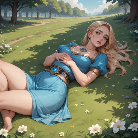 Goddess Aphrodite masturbates by banan, lying on the grass, Olymp