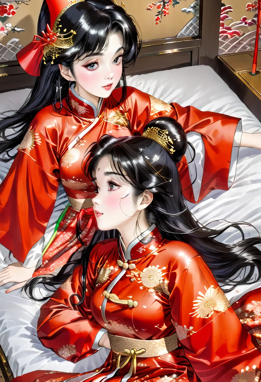 Highly shiny embroidery、Princess in a cheongsam with a crumpled red long-sleeved raincoat、Having sex with the emperor while writhing around on the bed