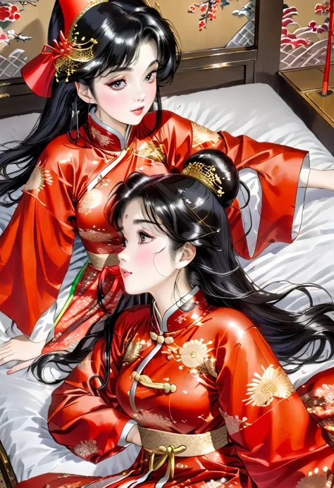 Highly shiny embroidery、Princess in a cheongsam with a crumpled red long-sleeved raincoat、Having sex with the emperor while writ...