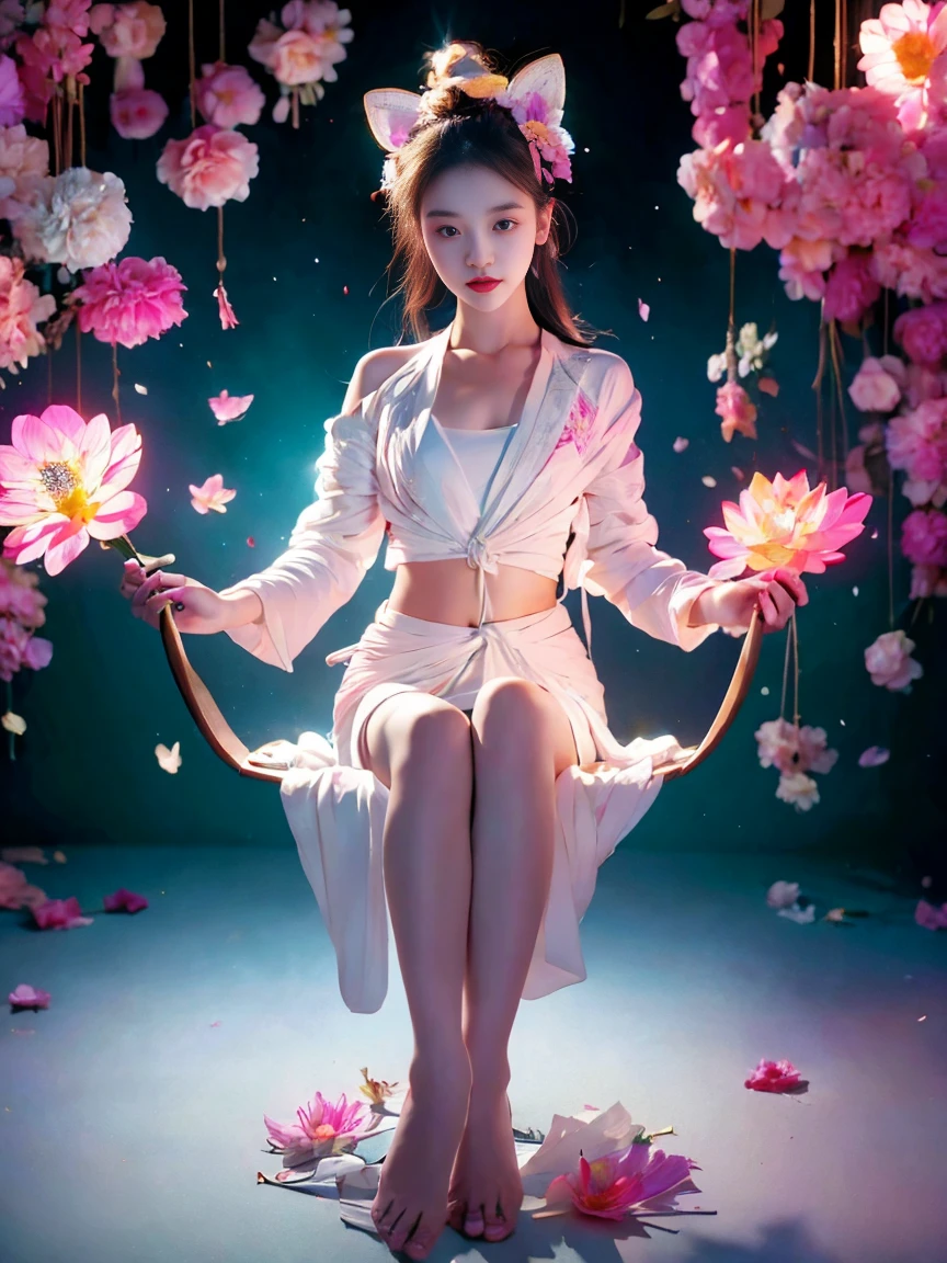 Full body photograph of a girl in lotus position，raw, Shooting, (Be concentrated:1.5), (reality:1.4), dusk lighting, volumetric lighting, ultra high resolution,dramatic lighting, White background,（zentangle，mandala，dispute，Plot), fox demon，Fox mask，bomber jacket, Foxfire Curse, fox family, transformation, depth of field, dream atmosphere, The most beautiful chaos, funny, Dark Brutalist Design Theme., flower of death, Flowers of ecstasy，bright line,Example of glow，Tracking example，flash， Backlight，translucent，light particles, petal girl