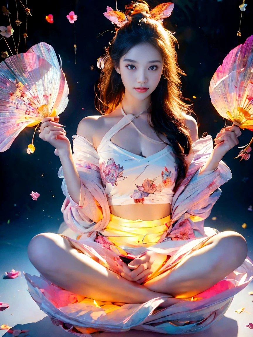 Full body photograph of a girl in lotus position，raw, Shooting, (Be concentrated:1.5), (reality:1.4), dusk lighting, volumetric lighting, ultra high resolution,dramatic lighting, White background,（zentangle，mandala，dispute，Plot), fox demon，Fox mask，bomber jacket, Foxfire Curse, fox family, transformation, depth of field, dream atmosphere, The most beautiful chaos, funny, Dark Brutalist Design Theme., flower of death, Flowers of ecstasy，bright line,Example of glow，Tracking example，flash， Backlight，translucent，light particles, petal girl