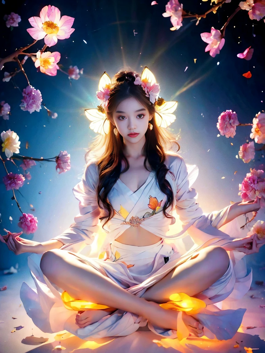 Full body photograph of a girl in lotus position，raw, Shooting, (Be concentrated:1.5), (reality:1.4), dusk lighting, volumetric lighting, ultra high resolution,dramatic lighting, White background,（zentangle，mandala，dispute，Plot), fox demon，Fox mask，bomber jacket, Foxfire Curse, fox family, transformation, depth of field, dream atmosphere, The most beautiful chaos, funny, Dark Brutalist Design Theme., flower of death, Flowers of ecstasy，bright line,Example of glow，Tracking example，flash， Backlight，translucent，light particles, petal girl