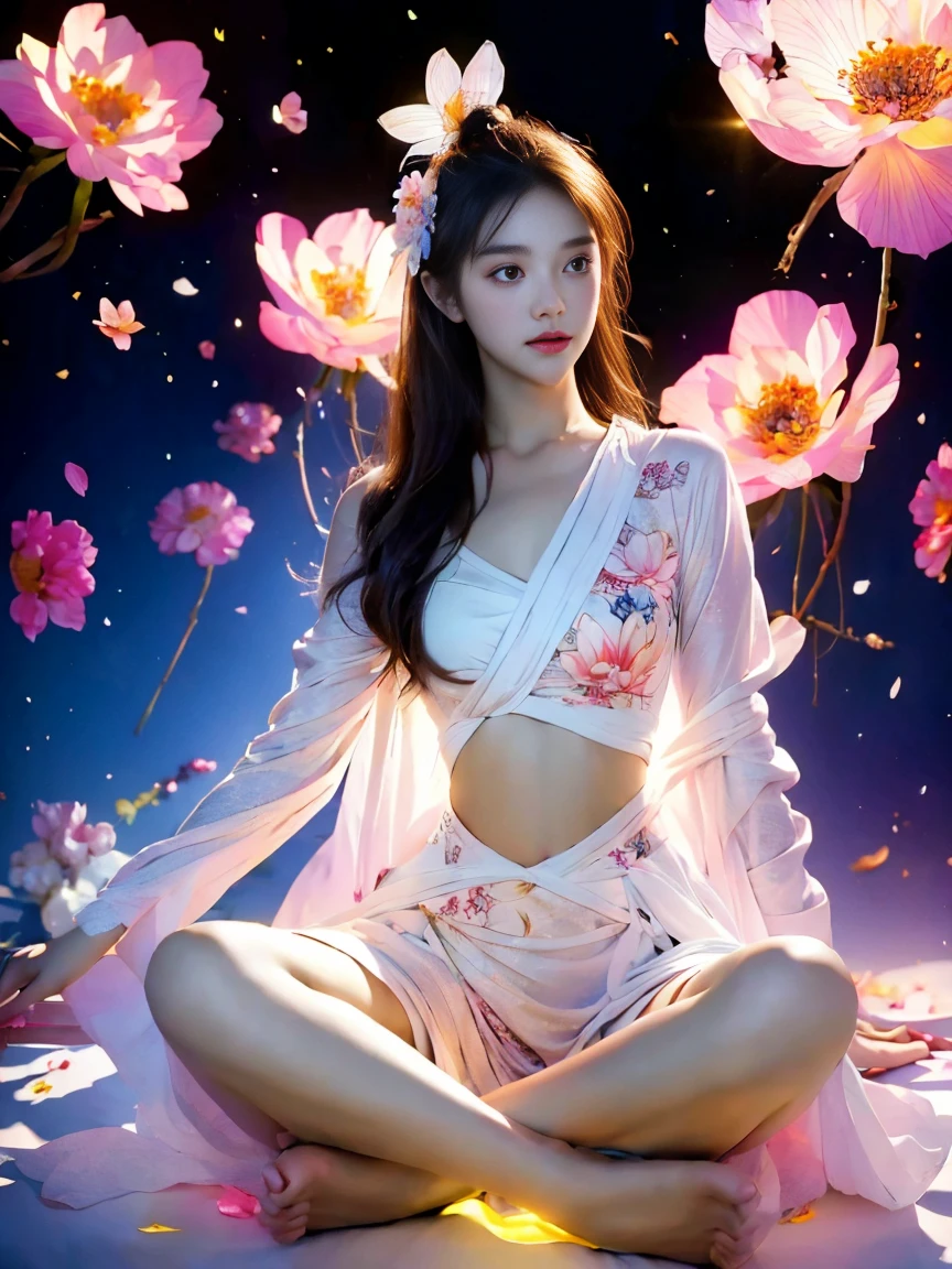 Full body photograph of a girl in lotus position，raw, Shooting, (Be concentrated:1.5), (reality:1.4), dusk lighting, volumetric lighting, ultra high resolution,dramatic lighting, White background,（zentangle，mandala，dispute，Plot), fox demon，Fox mask，bomber jacket, Foxfire Curse, fox family, transformation, depth of field, dream atmosphere, The most beautiful chaos, funny, Dark Brutalist Design Theme., flower of death, Flowers of ecstasy，bright line,Example of glow，Tracking example，flash， Backlight，translucent，light particles, petal girl