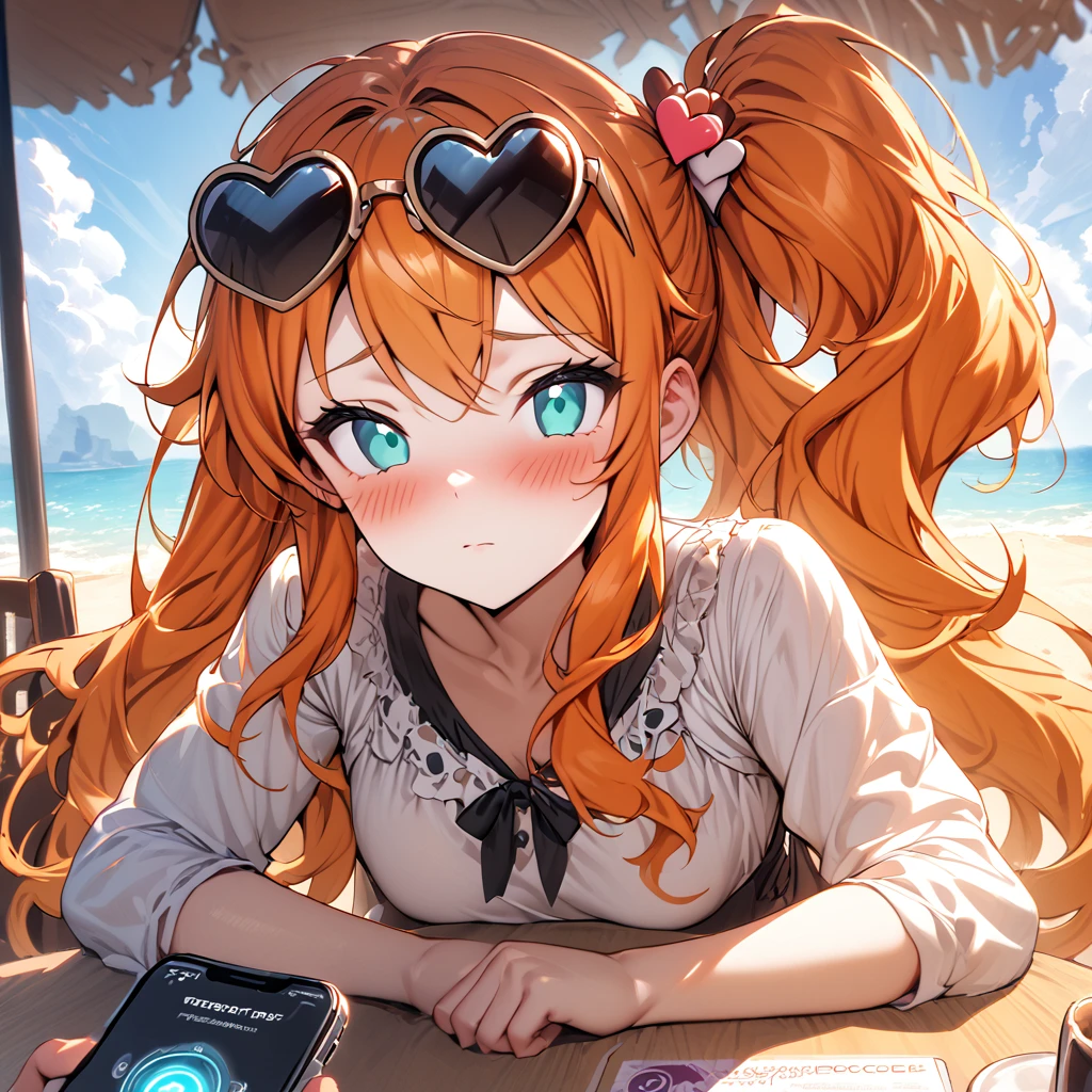 (masterpiece), best quality, expressive eyes, perfect face,1girl,EPpkSonia,orange hair, side ponytail, aqua eyes, long hair, eyewear on head, sunglasses, heart hair ornament,beach cafe,soft shadows,mind control,hypnosis app,blank eyes,blush,expressionless