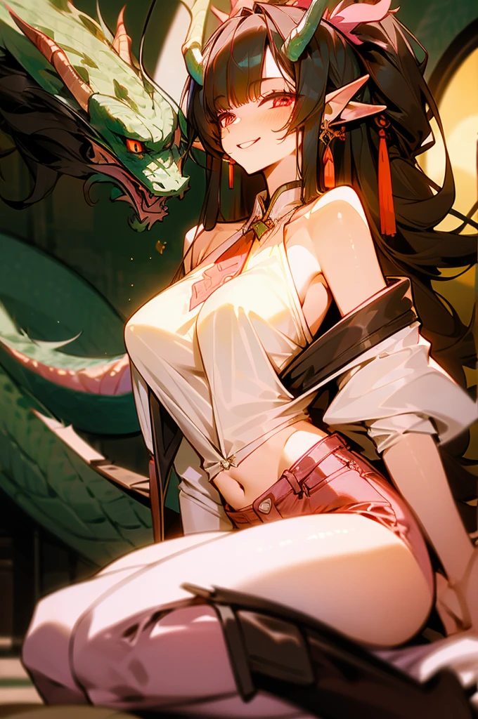 masterpiece, high quality, green skin dragon girl, brown horns, long tail with hairy tip, long black hair, black holes in shoulders, pink eyes, Tender smile, a white blouse, red jean, Brown boots