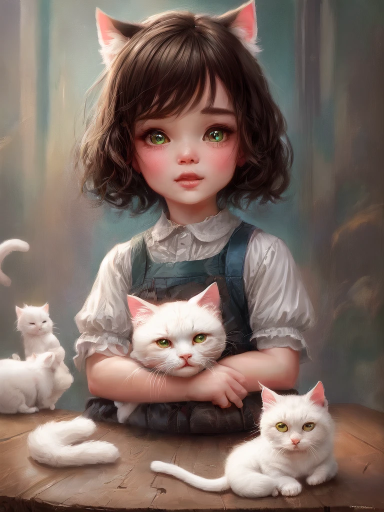 a close up of a  kissing a white cat on a table, white cat girl, adorable digital painting, white ( cat ) girl, very beautiful cute catgirl, big cheeks holding her cat, white cat, beautiful young catgirl, cute digital art, tenderness, catgirl, yuri shwedoff and tom bagshaw, petting a cat, realistic art