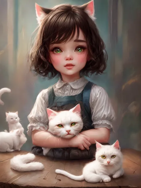 a close up of a  kissing a white cat on a table, white cat girl, adorable digital painting, white ( cat ) girl, very beautiful c...