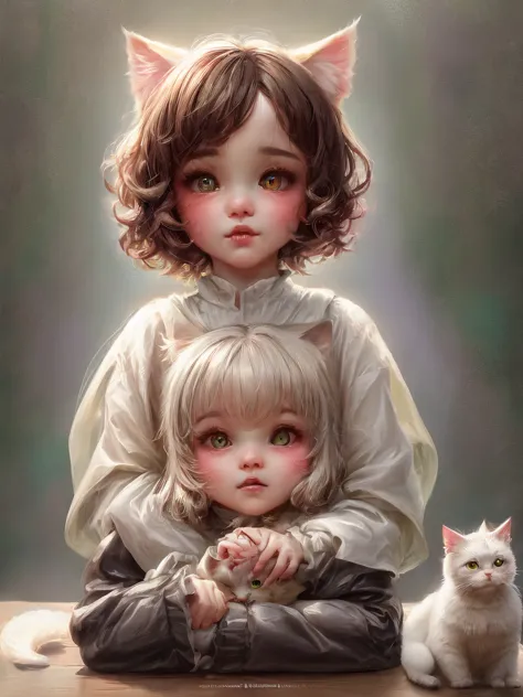 a close up of a  kissing a white cat on a table, white cat girl, adorable digital painting, white ( cat ) girl, very beautiful c...