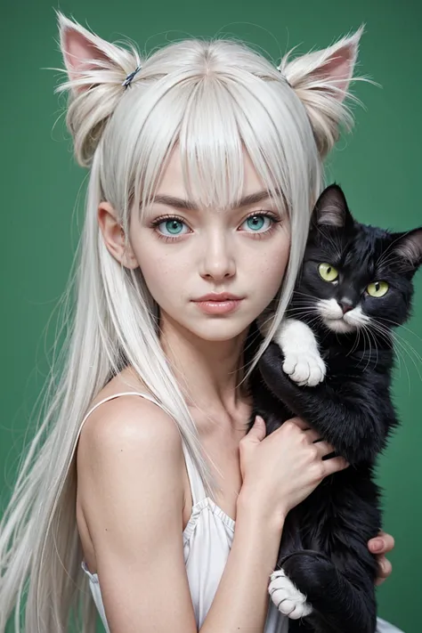 anime、white hair、cat、green background