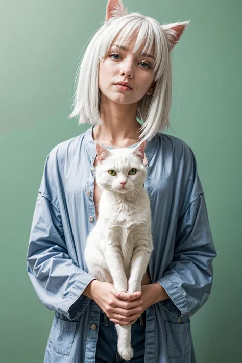 anime、white hair、cat、green background