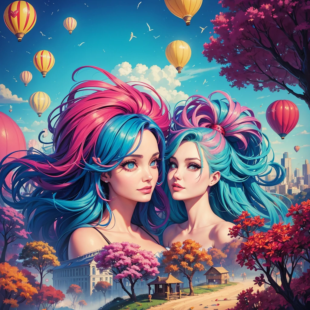 a painting of gigantic woman's head with face of Winona Ryder morphed with Angelina Jolie with colorful hair in a shape of tree and lianas, a neck growing out of the ground, dalightful smile, a city skyline, hot air balloons, flying bulbs and plant trees in the air, beeple and jeremiah ketner, dan mumford tom bagshaw, colorfull digital fantasy art, inspired by Cyril Rolando, inspiring digital art, colorful digital painting, paint splashes, paint driping, gorgeous digital art, beautiful art uhd 4 k, stunning digital illustration, vibrant digital painting, stylized digital art