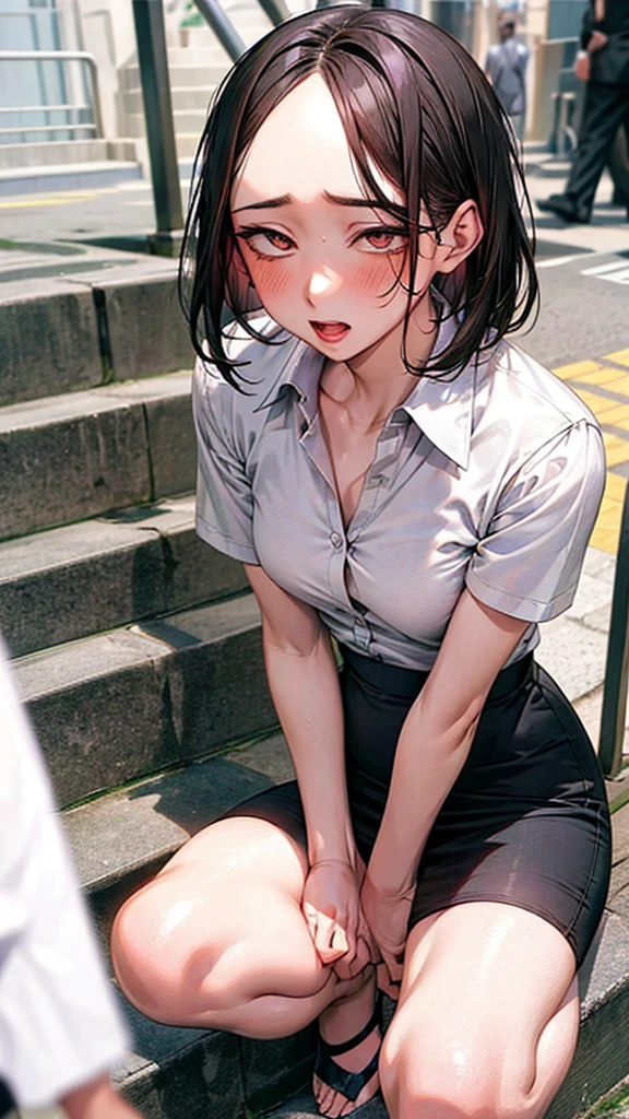 Stairs in the background,masterpiece,Highest quality,High resolution,Anatomically correct,business suit,Short Sleeve Button Down Shirt,Pencil Skirt,Sweat,barefoot,Glowing Skin,blush,Ahegao,Forehead,Bob,ID card,vibrator,male5人:2.0,,male,Surrounded