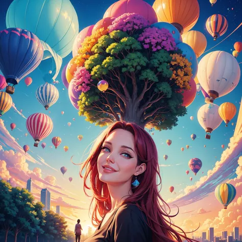 a painting of gigantic woman's head with face of winona ryder morphed with angelina jolie with colorful hair in a shape of tree ...