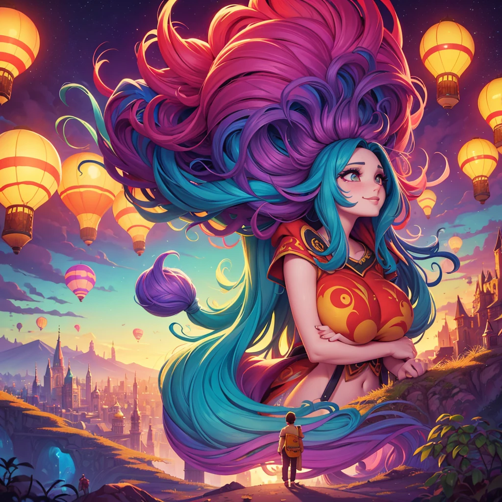 a painting of gigantic woman's head with face of Winona Ryder morphed with Angelina Jolie with colorful hair in a shape of tree and lianas, a neck growing out of the ground, dalightful smile, a city skyline, hot air balloons, flying bulbs and plant trees in the air, beeple and jeremiah ketner, dan mumford tom bagshaw, colorfull digital fantasy art, inspired by Cyril Rolando, inspiring digital art, colorful digital painting, paint splashes, paint driping, gorgeous digital art, beautiful art uhd 4 k, stunning digital illustration, vibrant digital painting, stylized digital art