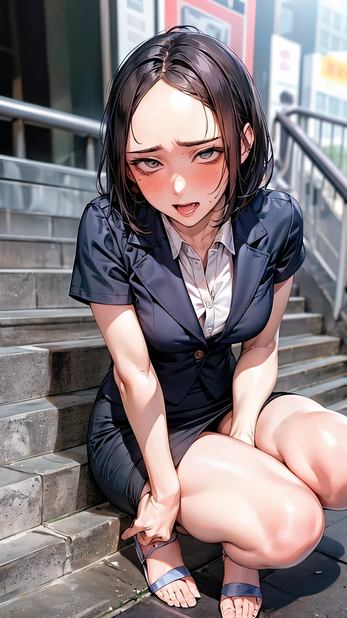 Stairs in the background,masterpiece,Highest quality,High resolution,Anatomically correct,business suit,Short Sleeve Button Down Shirt,Pencil Skirt,Sweat,barefoot,Glowing Skin,blush,Ahegao,Forehead,Bob,ID card,vibrator,male5人:2.0,,male,Surrounded:2.0