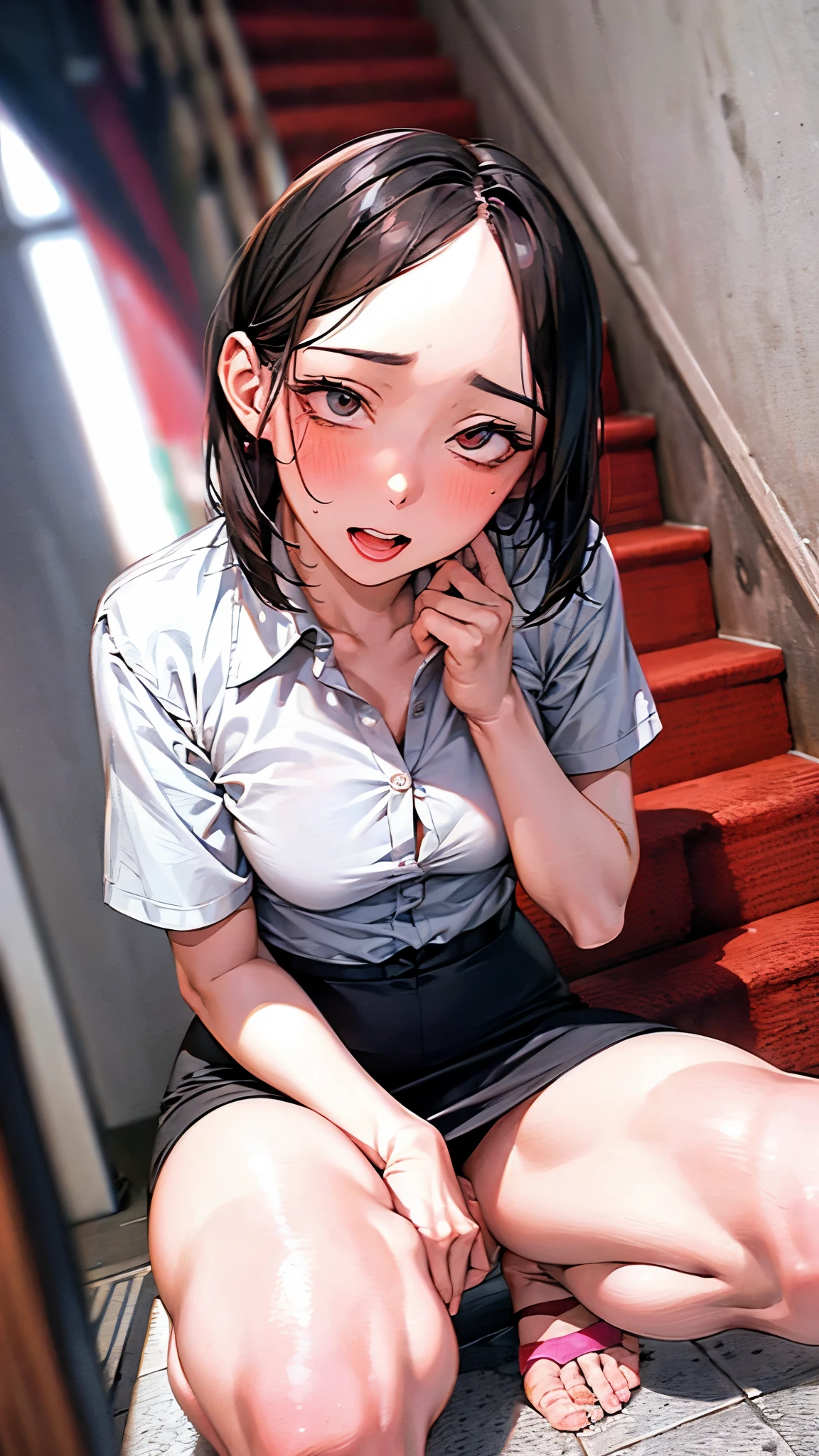 Stairs in the background,masterpiece,Highest quality,High resolution,Anatomically correct,business suit,Short Sleeve Button Down Shirt,Pencil Skirt,Sweat,barefoot,Glowing Skin,blush,Ahegao,Forehead,Bob,ID card,vibrator,male5人:2.0,,male,Surrounded:2.0