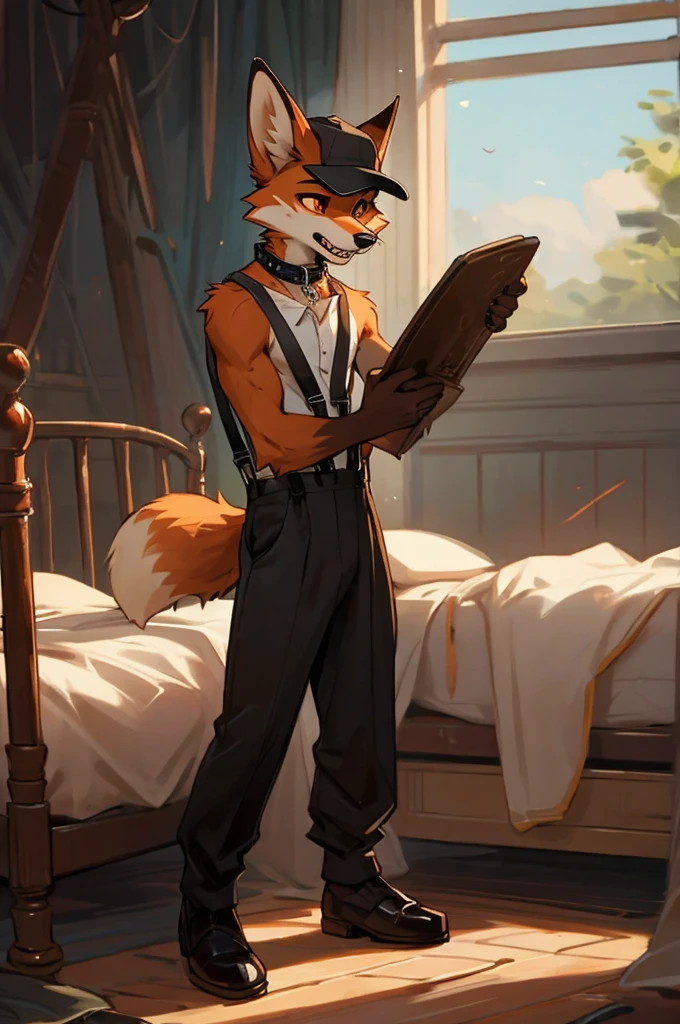 ((best quality, 4K, UHD, masterpiece)), A tall, slim, timid and young anthropomorphic red fox with orange, white and brown fur, fluffy fox ears, fluffy fox tail, orange eyes with a slight glow, razor sharp teeth and scars covering his body wearing a metal dog collar with broken chain, black flatcap, white shirt, black suspenders, black pants and black dress shoes, dirty outfit, curled up and sleeping on a bed, circus room, digitigrade stance, 