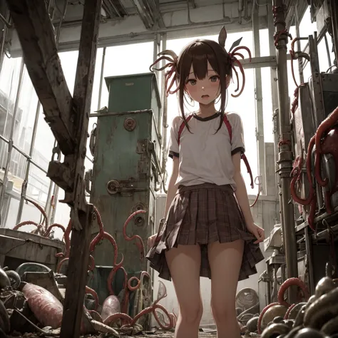 ８age、Girl captured by tentacles in abandoned factory、Tentacles in a skirt、Pants fabric texture、Crying and screaming