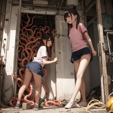 ８age、Girl captured by tentacles in abandoned factory、Tentacles in a skirt、Pants fabric texture、Crying and screaming