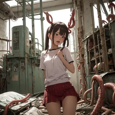 ８age、Girl captured by tentacles in abandoned factory、Tentacles in a skirt、Pants fabric texture、Crying and screaming