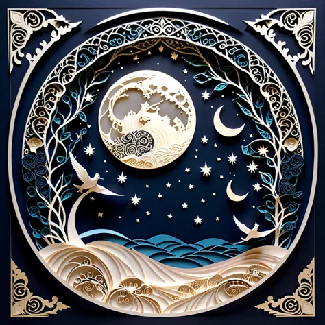 Create a detailed paper-cut artwork featuring intricate arabesque patterns on a moonlit night。. The artwork is exquisite, Swirli...