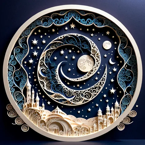 Create a detailed paper-cut artwork featuring intricate arabesque patterns on a moonlit night。. The artwork is exquisite, Swirli...