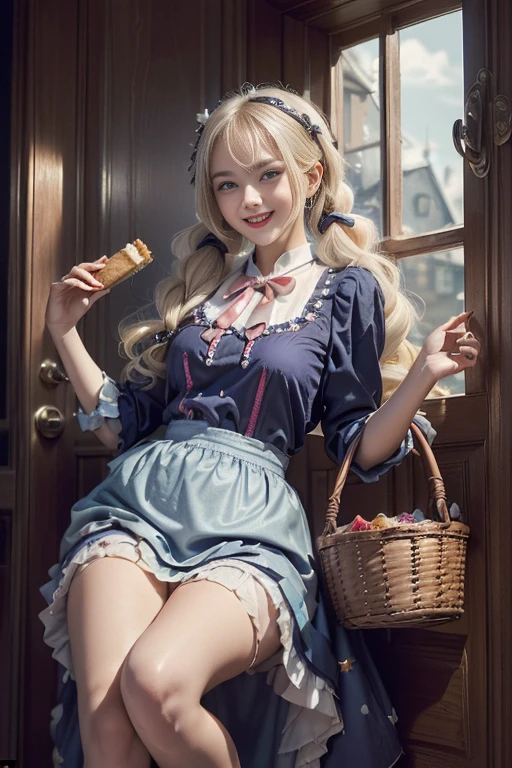 (perky chest:1.2), (pointed chest:1.2),(((Black Tunic:1.3))),(((cakes and bread in the basket),Cute and beautiful girl,Cute round face,Cute smile,with blush cheeks,Red Lip,a girl 22 years old, nsfw:1.2, beautiful body:1.3), shinny skin, BREAK, ((alice in the wonderland:1.3, cute, kawaii, lovely, funny, a girl falling down from sky:1.3, girl flying in sky:1.2, girl floating in air:1.3, rolling upskirt by wind:1.5, (with sparkling eyes and a contagious smile),open mouth, Looking at Viewer, surprised, putting hands on crotch over the skirts:1.35)), BREAK, ((floating things as follows:1.3, PlayingCards, Trump, tea cup, tea pot, tea spoons, pocket watch:1.3, lip sticks, candies:1.2, cookies, jam bottles, classical door_keys)), ((long purply_Blue dress :1.5, wearing long flaired skirt:1.3, the skirt is blowing:1.3, cute White Apron, black stockingedium long platinum-blonde hair:1.2, twin tail hair:1.6, tied hair with a large ribbon), (Blue eyes, bright pupils with highlights, detailed eyes), (lying down on your back:0.7, spreading legs with rising up straight:0.7), sexy posture, fantastic colorful art, (fantasy art:1.2, wondered images), ((correct anatomy:1.5, perfect anatomy:1.3, correct hand, small foot:1.2)),
