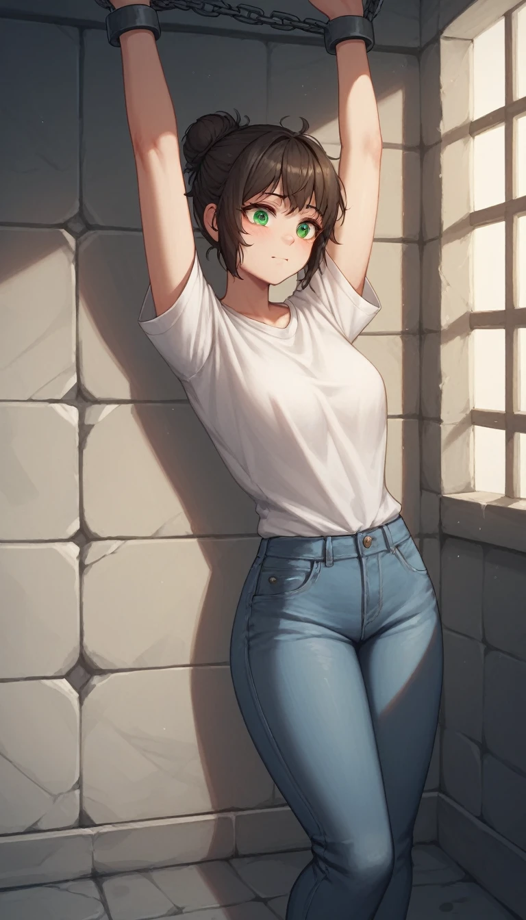 pun2 girl, by rubio, Bun, green eyes, ww chain, arms outstretched, messy hair, White shirt, Jeans, Dungeon, Best Quality, better resolution, 4k HD,
 