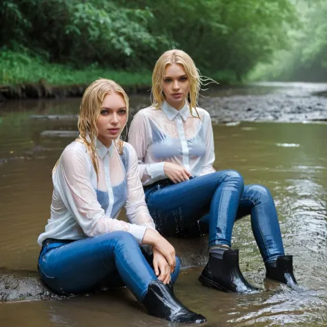 two women, jeans, sneakers, blonde hair, blue eyes, in the rain, wet shirt, wet blouse, white blouse, ankle boots, soaked hair, ...