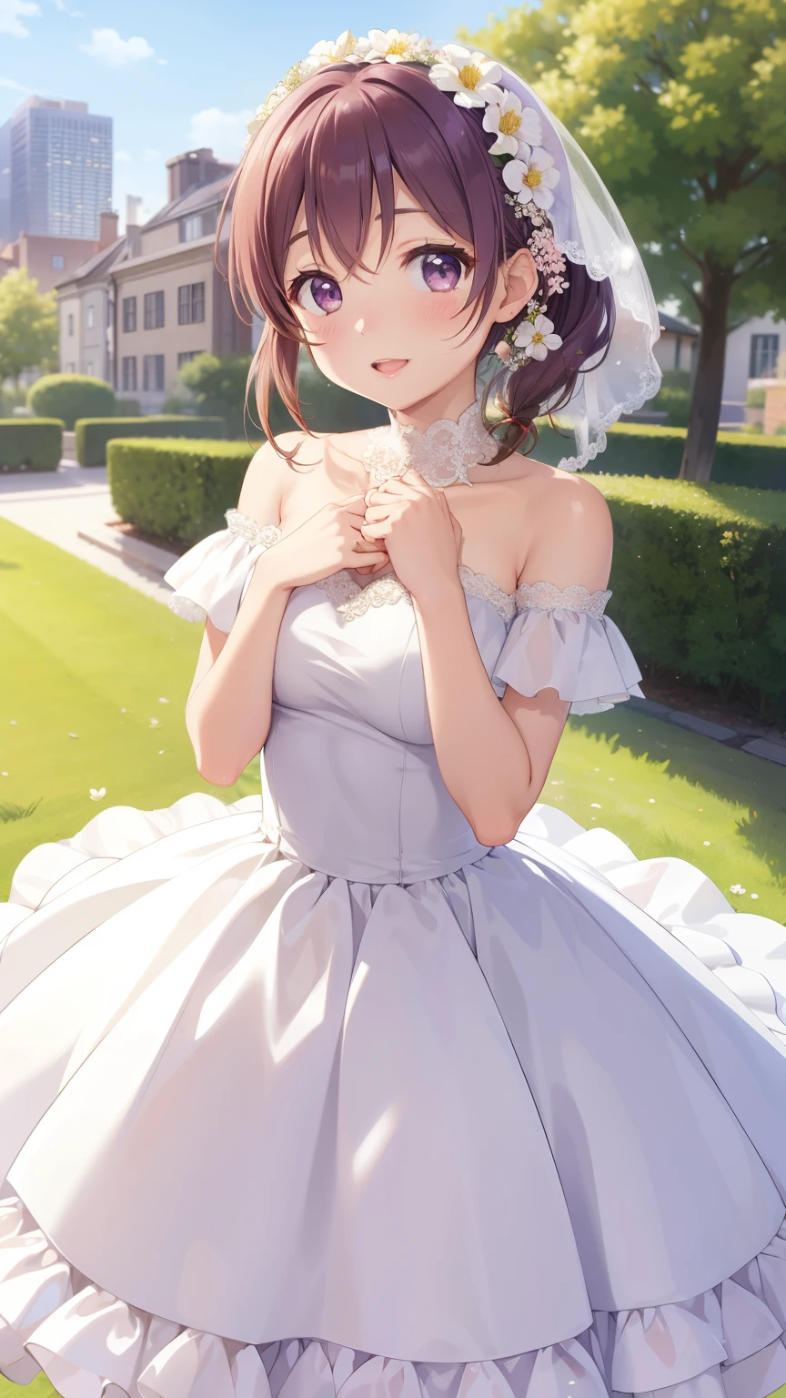 masterpiece, best quality, 1girl, solo, aichan, toujou nozomi, kinomoto sakura, breasts, wedding dress, off the shoulder, garden, city