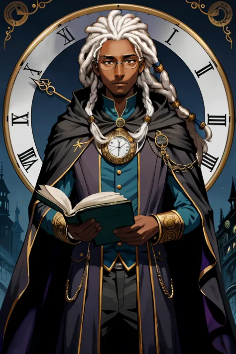 Time Wizard. male. Young. Black. Dark skin. Pocket watch. Dreads. Circle Glasses. Unhinged. Nervous. Neurotic. Eyebags. Fantasy....