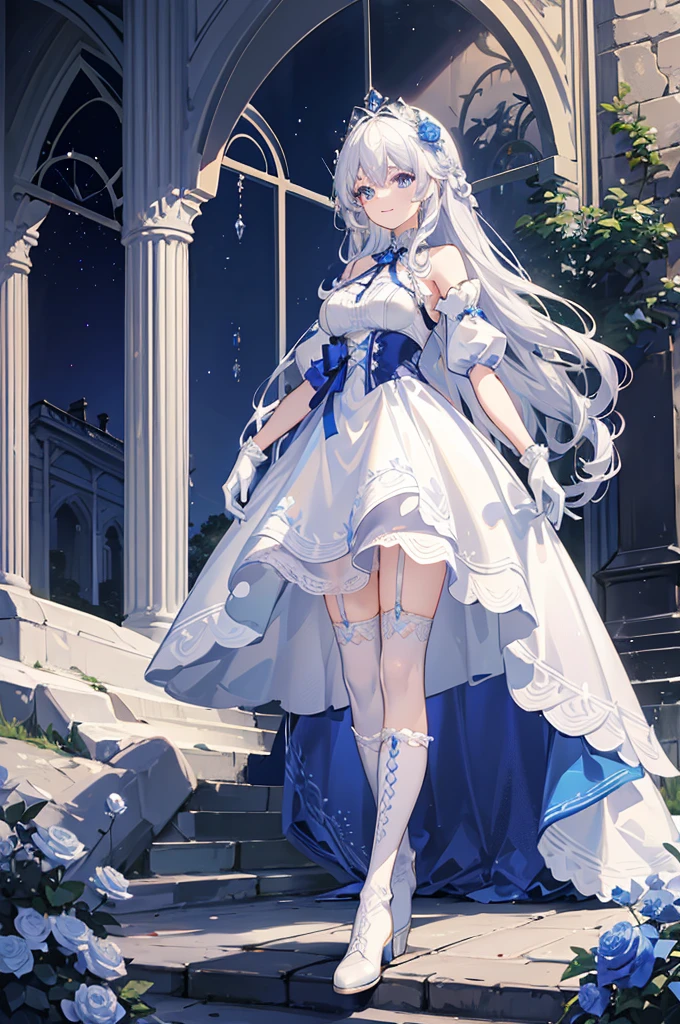 A woman with white hair and blue eyes、adult、Long, fluffy wavy hair、Braiding、Wearing hair ornaments、Smiling、Princess、White gloves、Blue lace dress、ribbon、Decorations such as roses and drops、The dress is short in the front and long in the back、Garter Ring、short boots、Fantasy