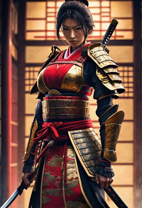 cinematic shot, insanely detailed,detailed illustration,full body lady samurai,big breasts,colored,detailing,emphasize red and g...