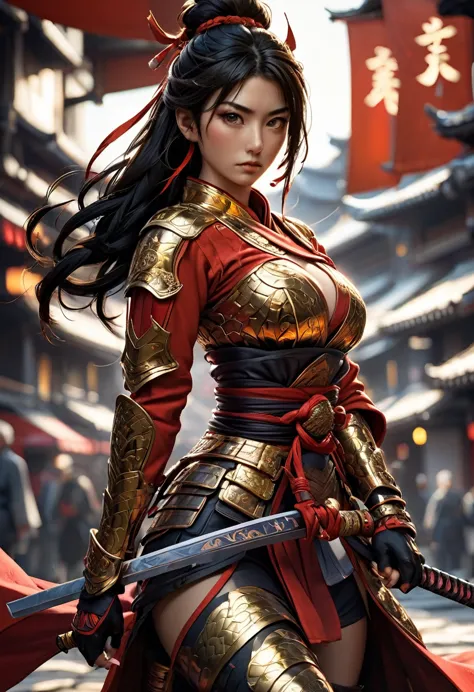 cinematic shot, insanely detailed,detailed illustration,full body lady samurai,big breasts,colored,detailing,emphasize red and g...